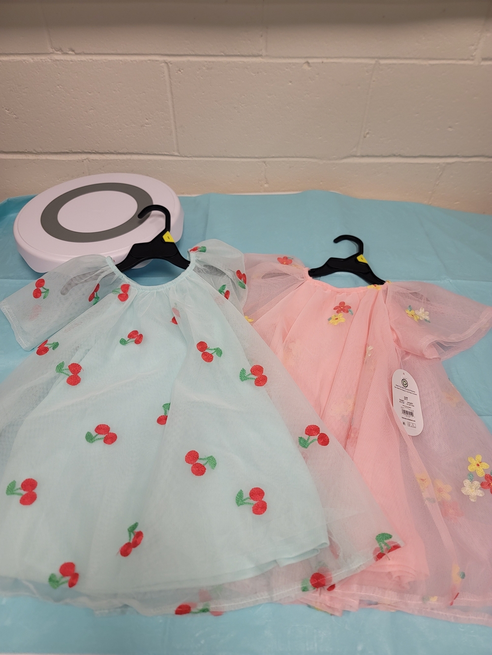 Girls' Cherry Embroidered Tulle Dress - Light Blue